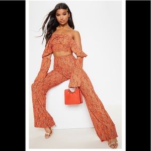 Orange Floral Print Satin Bardot Drape Detail